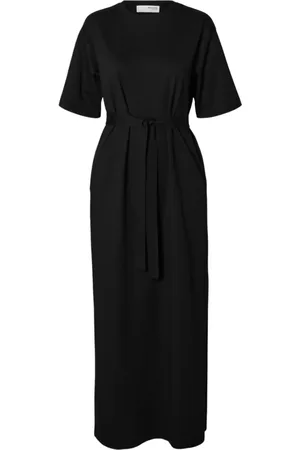 SELECTED Sukienki, Kobieta, Czarny, S, Bawełna, Elegancka długa sukienka z bawełny z dekoltem w serek