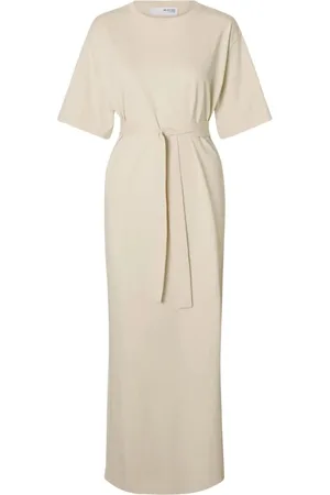 SELECTED Sukienki, Kobieta, Beżowy, XS, Bawełna, Elegancka długa sukienka maxi z bawełny