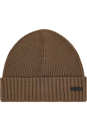 HUGO BOSS Akcesoria, Mężczyzna, brązowy, ONE SIZE, Wełna, Prążkowana wełniana czapka beanie