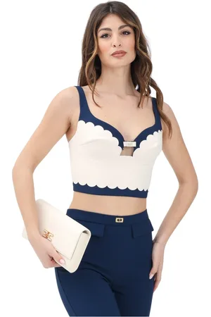 Elisabetta Franchi Koszulki, Kobieta, Beżowy, S, Niebieski Top z Haftem i Kokardą