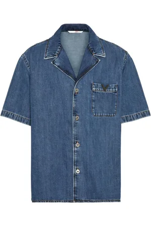 VALENTINO GARAVANI Koszule, Mężczyzna, Niebieski, L, Denim, V Detail Denim Cotton Shirt