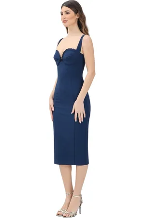 Elisabetta Franchi Sukienki, Kobieta, Niebieski, XS, Niebieska Sukienka Midi z Haftowaną Lamówką