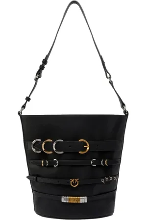 Pinko Torebki, Kobieta, Czarny, ONE SIZE, Bawełna, Czarna skórzana torba wiaderko z metalowymi paskami