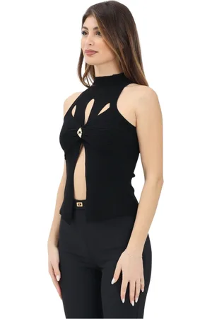 Elisabetta Franchi Koszulki, Kobieta, Czarny, S, Czarny Dzianinowy Top z Wycięciami