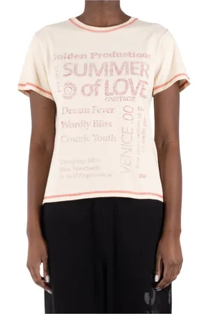 Golden Goose Koszulki, Kobieta, Beżowy, S, Beżowo-Czerwony T-shirt z Bawełny