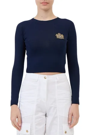 ERMANNO SCERVINO Koszulki, Kobieta, Niebieski, M, Niebieski Crop Top z Długim Rękawem i Złotym Herbem