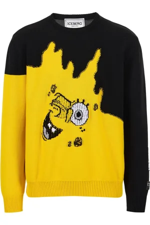 Iceberg Swetry, Mężczyzna, Żółty, 2XL, Bawełniany sweter z dekoltem w serek z wzorem i wstawka Spongeboba