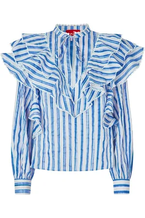 Crās Bluzki, Kobieta, Niebieski, XL, Nylon, Romantyczna Bluzka z Falbaną Niebieskie Paski