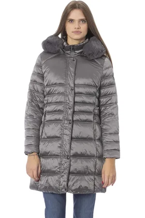 BALDININI Płaszcze, Kobieta, Szary, S, Poliester, Elegancka Szara Długa Kurtka Puchowa z Detalem Monogramu