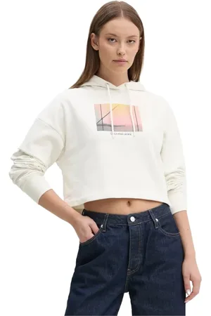 Calvin Klein Bluzy, Kobieta, Biały, S, Bawełna, Bawełniana bluza z kapturem