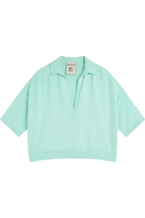 SEMICOUTURE Koszulki, Kobieta, Zielony, M, Len, Bawełniany Polo z Dekoltem w Literę V