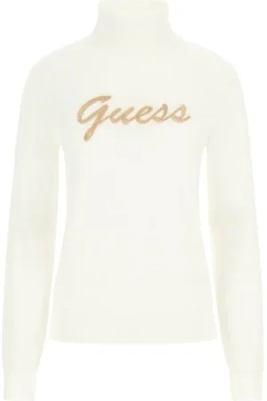 Guess Swetry, Kobieta, Biały, S, Wełna, Sweter golf z haftowanym logo
