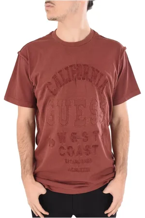 Guess Koszulki, Mężczyzna, brązowy, L, Bawełna, Bawełniany T-shirt z Haftowanym Logo