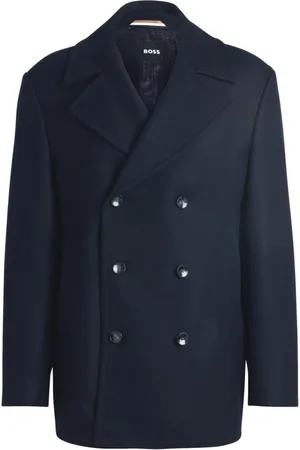 HUGO BOSS Płaszcze, Mężczyzna, Niebieski, L, Bawełna, Dwurzędowy płaszcz Peacoat, niebieski