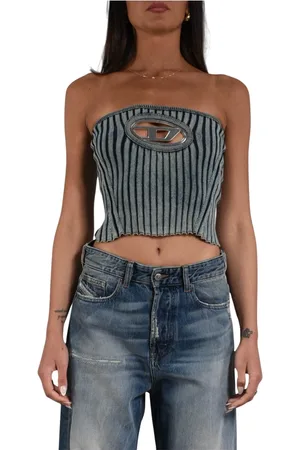 Diesel Koszulki, Kobieta, Niebieski, M, Denim, Top z efektem dżinsu w żebrowaniu