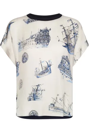 Elena Miro Koszulki, Kobieta, Wielobarwność, L, Len, T-shirt z nadrukiem żaglowca z wiskozy
