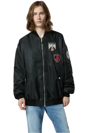 John Richmond Kurtki, Mężczyzna, Czarny, S, Nylon, Czarna kurtka bomberka z naszytymi naszywkami