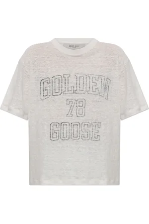 Golden Goose Koszulki, Kobieta, Beżowy, XS, Len, Lniana koszulka T-shirt