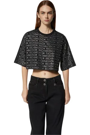 John Richmond Koszulki, Kobieta, Czarny, XS, Bawełna, T-shirt cropped czarny z logo all-over