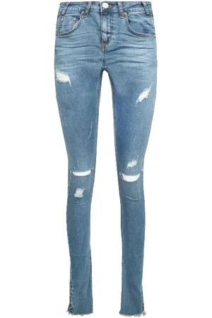 ONE TEASPOON Jeansy, Kobieta, Niebieski, W27, Niebieskie Dżinsy Skinny z Frędzlami na Kostkach