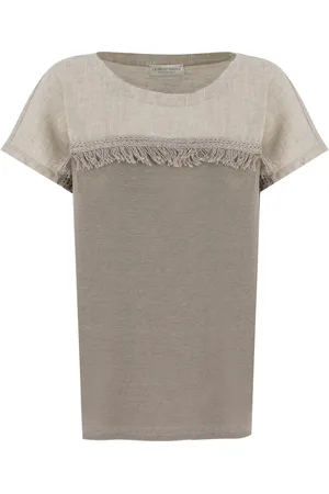 LE TRICOT PERUGIA Koszulki, Kobieta, Beżowy, L, T-shirt z frędzlami i miękki krój