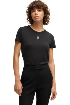 HUGO BOSS Koszulki, Kobieta, Czarny, S, Bawełna, Kryształowy T-shirt z haftem logo