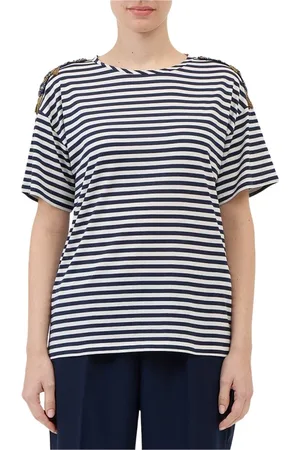 ERMANNO SCERVINO Koszulki, Kobieta, Wielobarwność, L, Bawełna, T-shirt w paski z naszywkami na ramionach