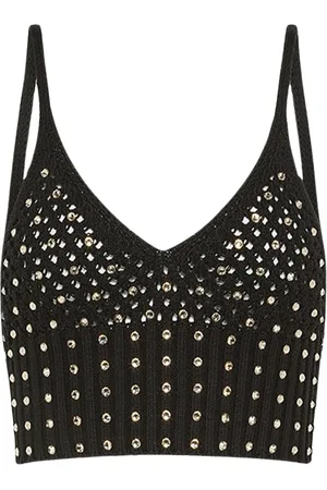 FORTE FORTE Koszulki, Kobieta, Czarny, S, Błyszczący top bralette z dzianiny
