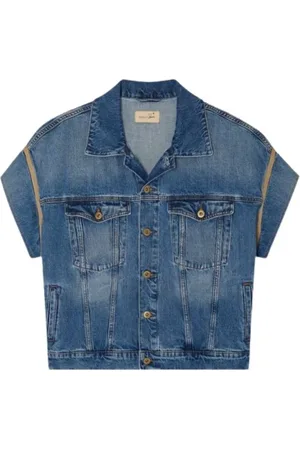 Sessun Kurtki, Kobieta, Niebieski, M, Denim, Vintage Oversized Short Sleeve Denim Jacket