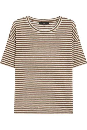Max Mara Koszulki, Kobieta, brązowy, XL, Lniana koszula z dekoltem w łódkę i krótkimi rękawami