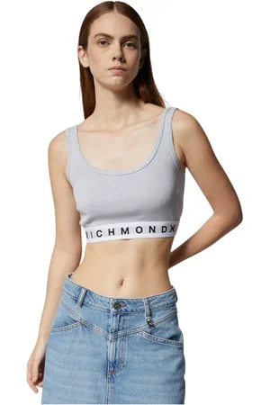 John Richmond Koszulki, Kobieta, Szary, S, Bawełna, Krótki szary top z elastyczną taśmą i logo X