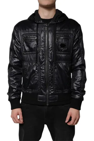 Dolce & Gabbana Kurtki, Mężczyzna, Czarny, L, Nylon, Czarna Nylonowa Kurtka Blouson z Kapturem i Logo