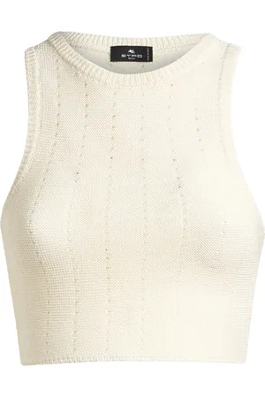 Etro Koszulki, Kobieta, Beżowy, S, Bawełna, Ivory Sweterkowy Crop Top Wzór Ażurowy
