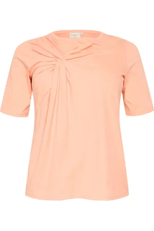 Kaffe Koszulki, Kobieta, Pomarańczowy, L, Bawełna, Brzoskwiniowy T-shirt z Detailem Węzła