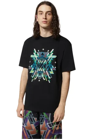 John Richmond Koszulki, Mężczyzna, Czarny, 2XL, Bawełna, Czarna koszulka z geometrycznym nadrukiem i kolorowymi detalami