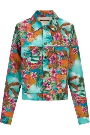 Roberto Cavalli Kurtki, Kobieta, Wielobarwność, M, Kurtka z dżinsu z nadrukiem Hawaii jasnoniebieska