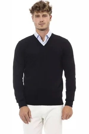 ALPHA STUDIO Swetry, Mężczyzna, Czarny, L, Wełna, Elegancki Sweter z dekoltem V