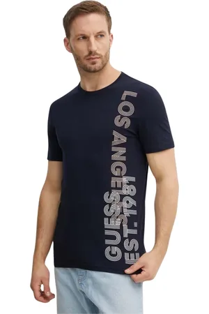 Guess Koszulki, Mężczyzna, Niebieski, S, Bawełna, Slim Logo T-Shirt - Nadruk z boku