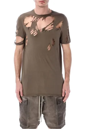Rick Owens Koszulki, Mężczyzna, brązowy, S, Bawełniana koszulka z okrągłym dekoltem i rozdartym detalem
