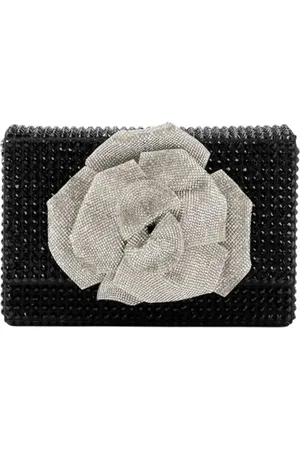 Twentyfour Torebki, Kobieta, Czarny, ONE SIZE, Błyszcząca Charleston Clutch z Kwiatem Biżuteryjnym