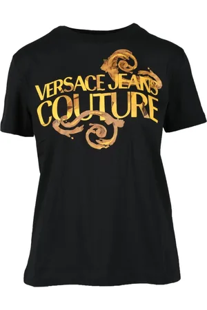VERSACE Koszulki, Kobieta, Czarny, S, Bawełniany T-shirt z unikalnym wzorem