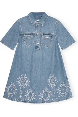 Ganni Sukienki, Kobieta, Niebieski, XS, Denim, Niebieska Sukienka Mini z Denimu z Haftem Angielskim