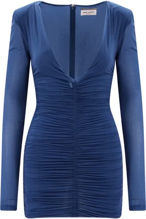 Saint Laurent Sukienki, Kobieta, Niebieski, S, Niebieska sukienka z dekoltem w serek Made in Italy