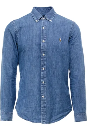 Ralph Lauren Koszule, Mężczyzna, Niebieski, 3XL, Koszula Dżinsowa Zapięcie Na Guziki Długi Rękaw Haftowane Logo