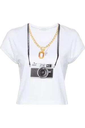 Paco rabanne Koszulki, Kobieta, Biały, M, Bawełna, T-shirt z Białym Nadrukiem Aparatu