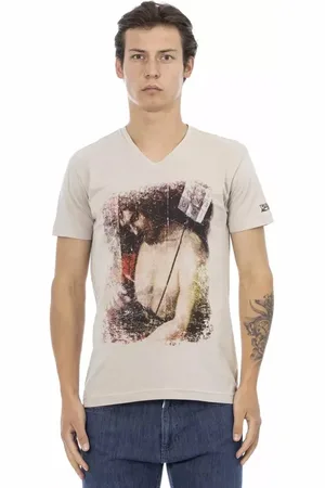 Trussardi Koszulki, Mężczyzna, Beżowy, 2XL, Bawełna, Beżowy T-shirt z dekoltem w serek i nadrukiem