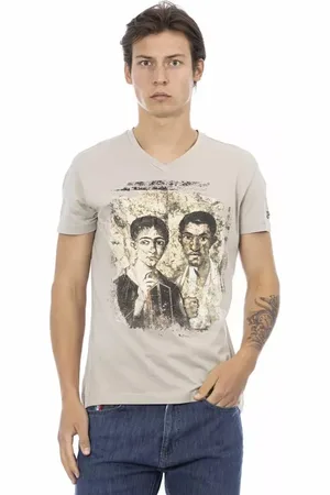 Trussardi Koszulki, Mężczyzna, Beżowy, XL, Bawełna, Beżowy T-shirt z dekoltem w serek i nadrukiem