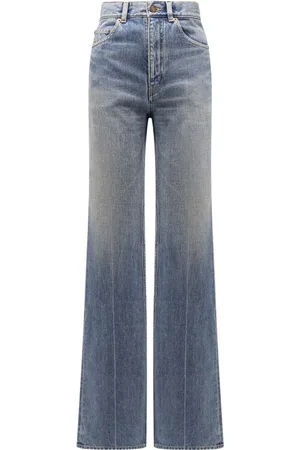 Saint Laurent Jeansy, Kobieta, Niebieski, W28, Niebieskie Jeansyy z Wysokim Stanem i Skórzanym Logo