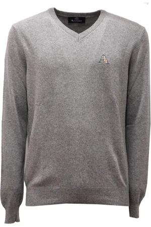 Aquascutum Swetry, Mężczyzna, Szary, S, Szara Wełniana Sweter z Dekoltem w serek