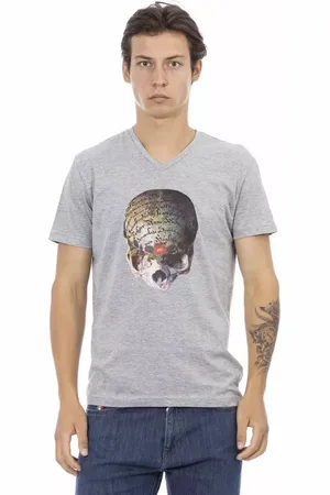 Trussardi Koszulki, Mężczyzna, Szary, L, Bawełna, Klasyczny T-shirt z dekoltem w serek i nadrukiem